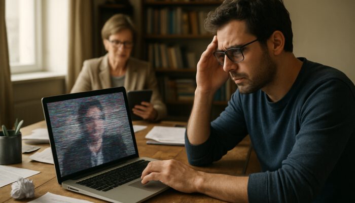Remote writer struggles with glitchy video call in a cluttered office, as supervisor reviews documents on a tablet.