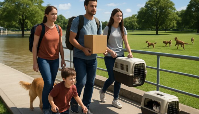 Family evacuates with dogs and cats on elevated path, away from floods, at sunny pet-friendly park.