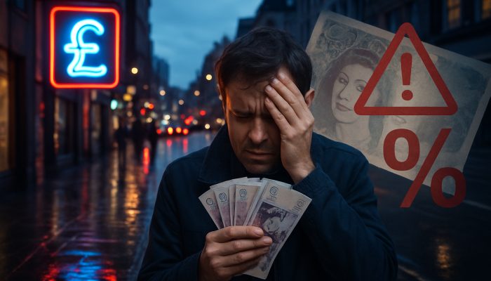 Spotting New Payday Style Products: Key Insights | DCL Bustling UK street at dusk: Glowing Wonga sign, stressed borrower clutching cash amid high interest warnings.