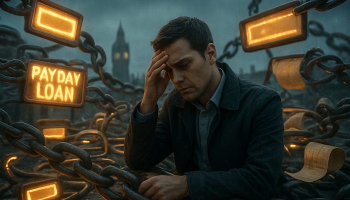 Spotting New Payday Style Products: Key Insights | DCL Stressed UK borrower navigating payday loan maze with high interest chains under rainy London sky.