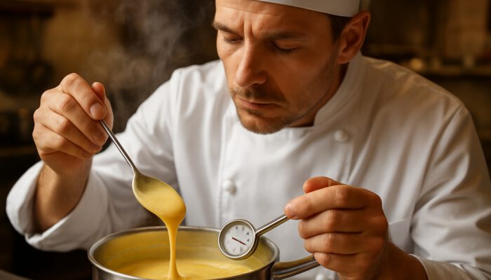 Chef stirring golden custard in saucepan, monitoring a thermometer at 82°C as steam rises.
