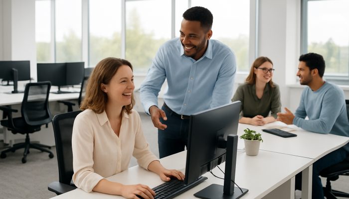 A modern Ilchester office showcasing spotless desks, ergonomic workstations, and satisfied employees collaborating.