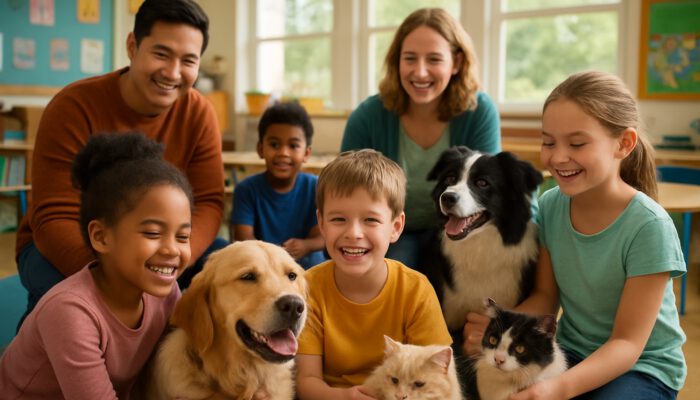 Students and teachers interacting with therapy dogs and cats in a lively classroom for emotional support.