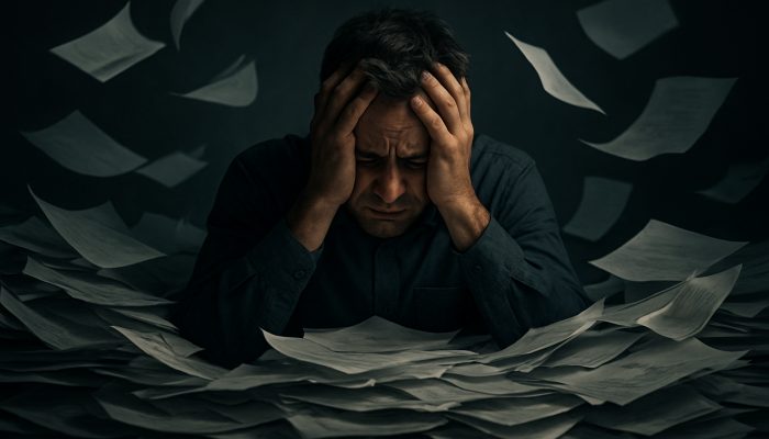 Understanding Your Debt Consolidation Choices: Helpful UK Guidance | DCL Overwhelmed individual surrounded by unpaid bills, holding head in financial despair