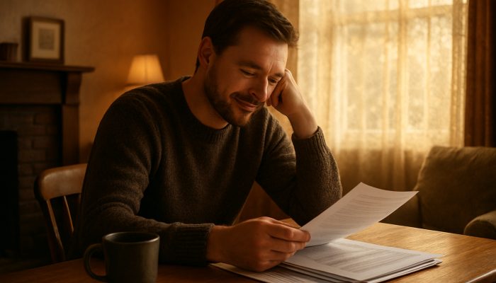 Understanding Your Debt Consolidation Choices: Helpful UK Guidance | DCL Individual reviewing consolidated debt paperwork in a comfortable British living room, expressing relief and clarity.
