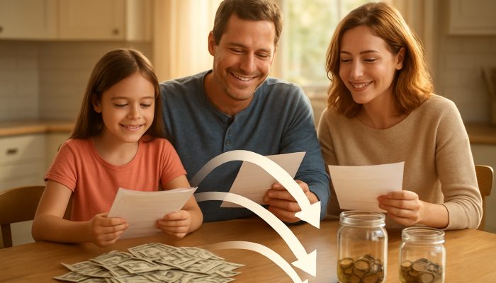 Understanding Your Debt Consolidation Choices: Helpful UK Guidance | DCL Family merging bills into one payment at a sunlit kitchen table with savings jars