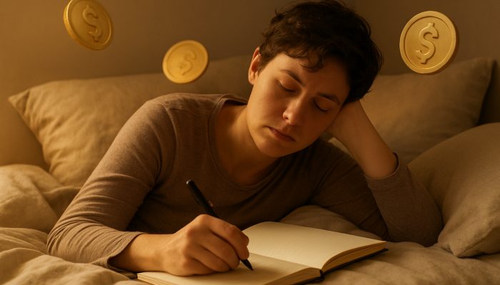 Creating Compassionate Repayment Plans During Illness: Guidance | DCL Fatigued individual resting in bed while drafting a gentle debt repayment plan in a journal with warm golden light