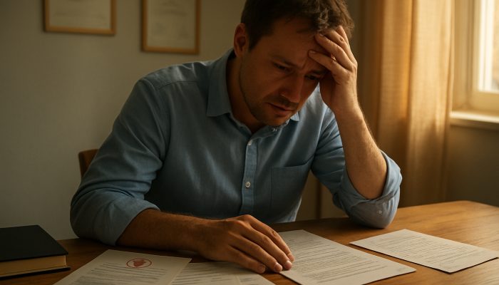 Creating Compassionate Repayment Plans During Illness: Guidance | DCL Concerned individual at sunlit desk with medical certificates, bills, and letter requesting creditor relief