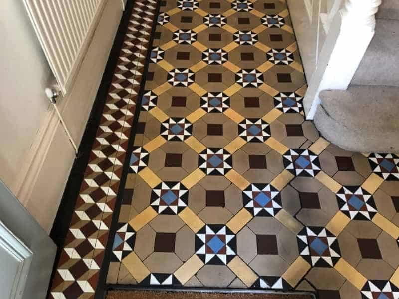 Restored Edwardian clay tile floor after cleaning and sealing in Burton upon Trent property