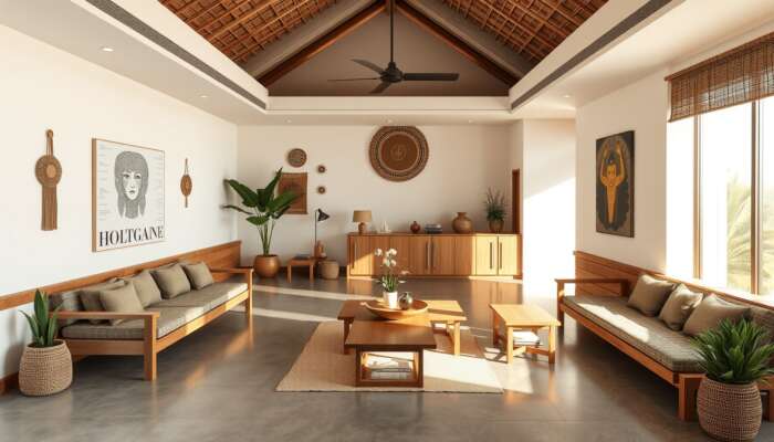 Contemporary boutique hotel lobby featuring minimalist design, sustainable wooden furnishings, indigenous crafts, and local artwork illuminated by natural light.