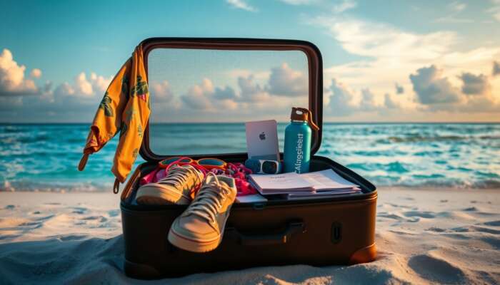 Open suitcase on a Belizean beach at dawn, filled with tropical clothing, walking shoes, swimwear, gadgets, health supplies, water bottle, and documents.