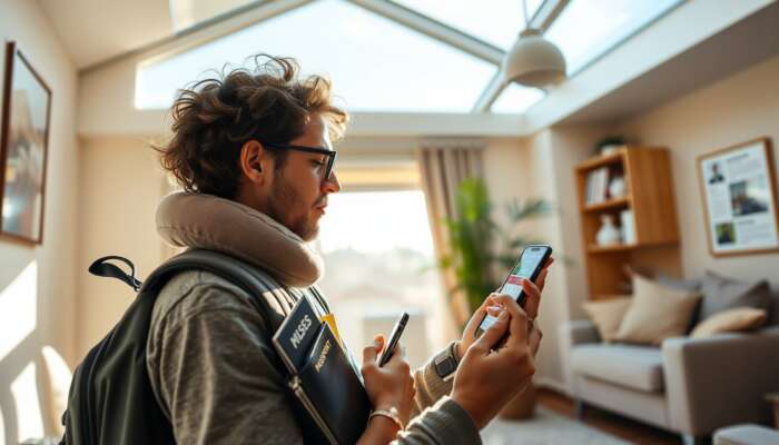 A traveller in a bright room packs a backpack with essential items such as passports, snacks, a neck pillow, and tech gadgets while checking a bus schedule on a smartphone.