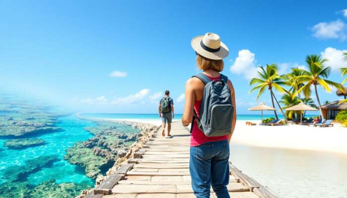 A traveller at a crossroads: one path leads to scuba diving in turquoise waters with coral reefs, the other to yoga on a sunlit beach with palm trees.