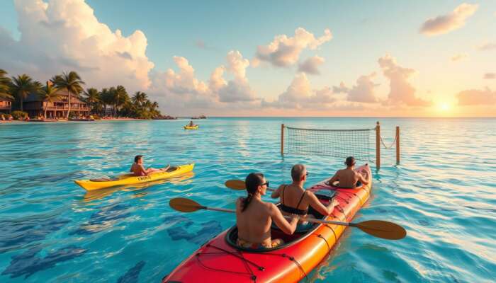 A vibrant all-inclusive resort scene: guests kayaking in turquoise waters, snorkelling coral reefs, playing beach volleyball under palm trees, and enjoying a sunset cultural show.