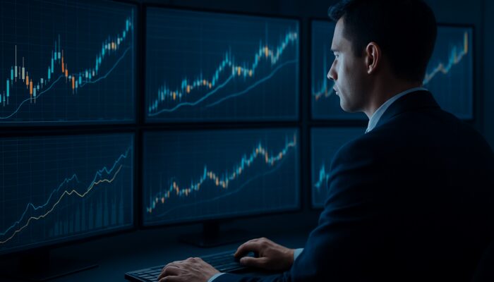 Trader executing IOC order on luminous screens with balanced market charts in command center
