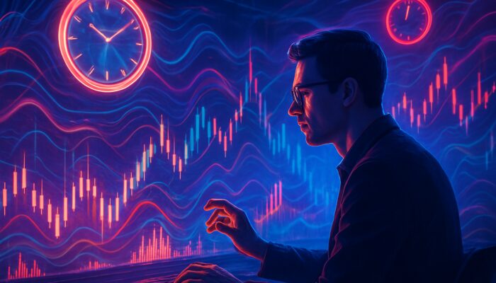 Focused trader timing order amid holographic clocks, market depth charts, and volatility waves in neon command center.