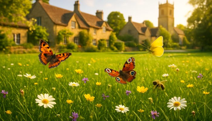 Freshly mowed lawn in Haselbury Plucknett with wildflowers, butterflies, and bees under golden sunlight.