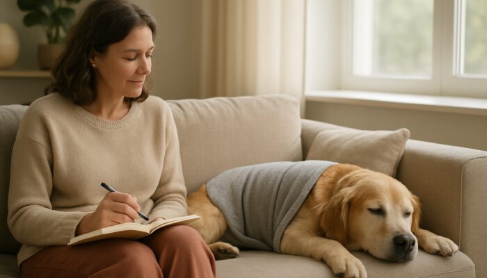 Relaxed dog wearing calming wrap on couch as owner tracks reactions in journal