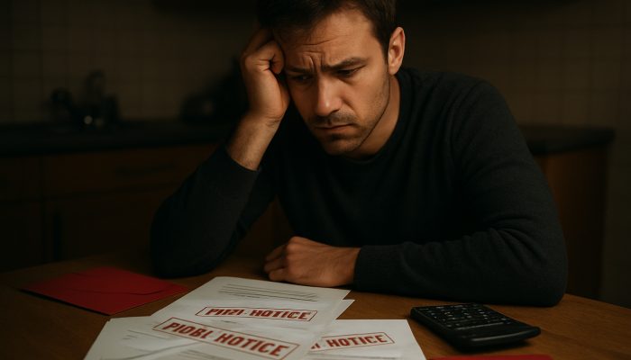 Worried individual at dim table with overdue gas, electricity, and water bills marked final notice