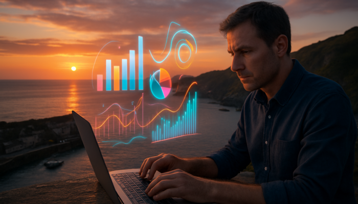Ilfracombe entrepreneur analysing holographic traffic analytics charts on a laptop against a backdrop of Devon cliffs at sunset