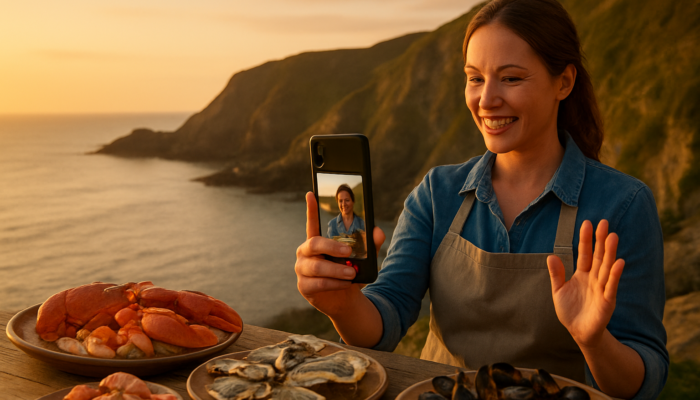 Ilfracombe business owner recording a TikTok video of coastal cliffs and seafood at sunset