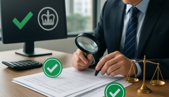 Payroll expert examining tax documents with a magnifying glass, HMRC seals, and compliance checkmarks in office
