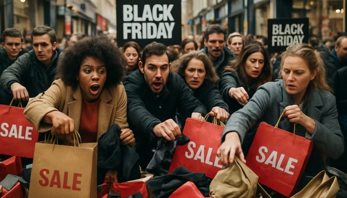 Building New Habits To Avoid Relapse Spending | DCL Crowded UK high street shoppers grabbing discounted goods amid Black Friday sale signs