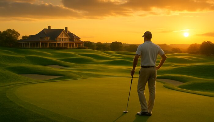 Luxurious golf resort with emerald fairways, elegant clubhouse, and golfer at sunset