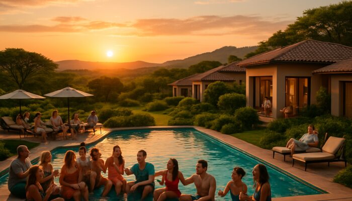 Vibrant Gauteng resort at sunset with groups laughing by pool and exclusive villa parties.