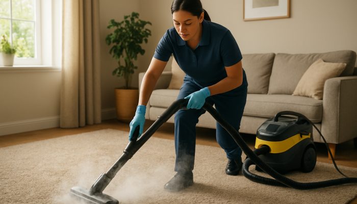 Professional cleaner vacuuming and steam cleaning carpets in sunlit UK home.