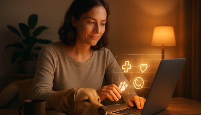 Pet owner organising a glowing veterinary contact database on a laptop with a relaxed dog nearby