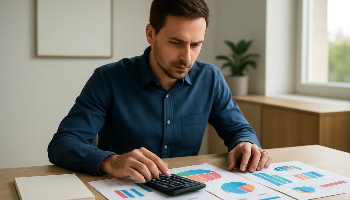 Merging Debts From Multiple Banks: Essential Options | DCL Focused individual analysing colourful UK loan documents and charts with a calculator for debt consolidation