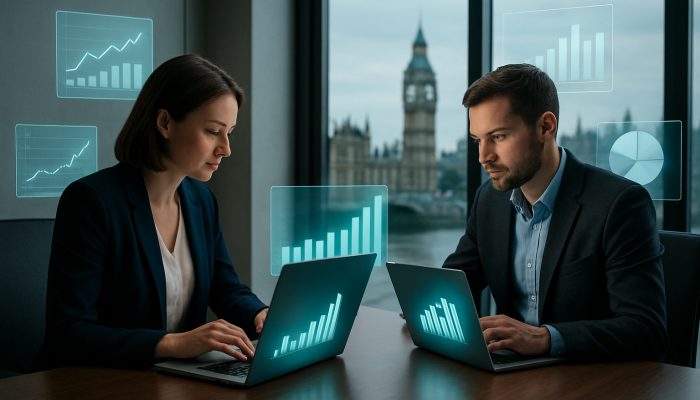 Utilising Cash Flow Tools Before Borrowing: Key Strategies | DCL British SME owners analysing cash flow dashboards on laptops in sleek London office with UK landmarks.