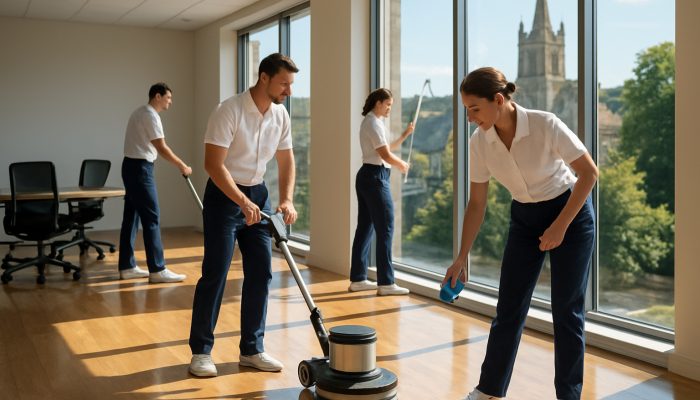 Expert cleaners ensuring spotless floors and windows in a bright office in Crewkerne.