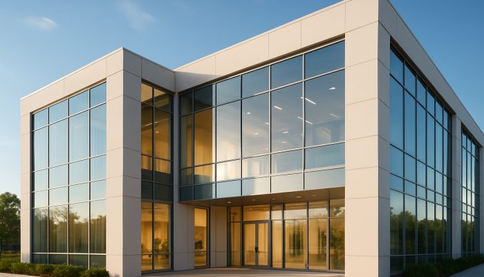 Modern commercial building showcasing immaculate gleaming windows and inviting sunlit interiors.