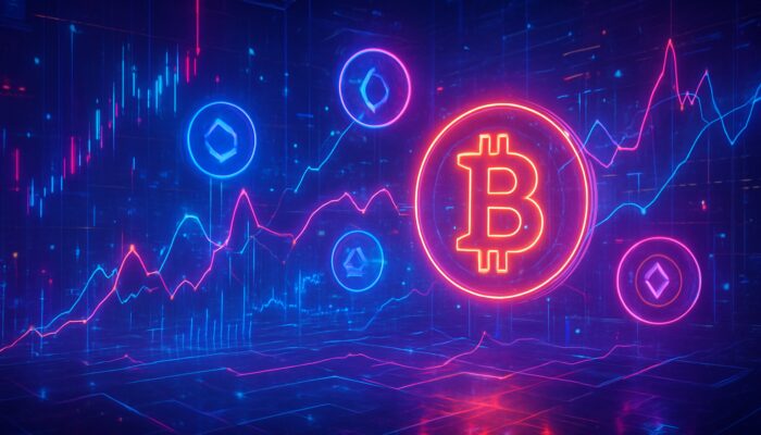 Neon cyberpunk trading floor with floating Bitcoin, altcoins, and glowing statistical arbitrage graphs in holographic streams.