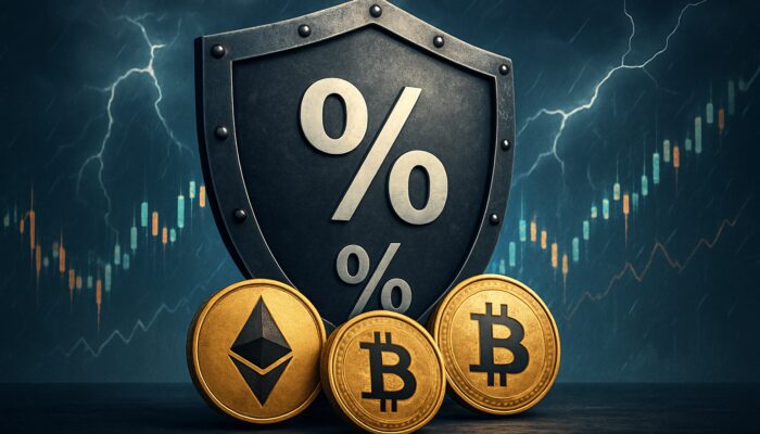 Shield with risk percentages guarding cryptocurrency coins amid stormy market charts for position sizing