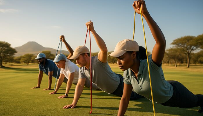 A group of diverse golfers performing planks and resistance band presses on a sunlit South African savanna golf course.