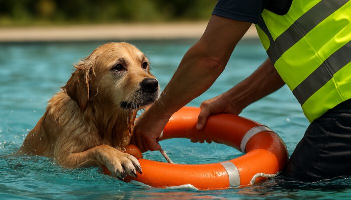 Individual rescuing a drenched golden retriever from a pool with a life ring in daylight