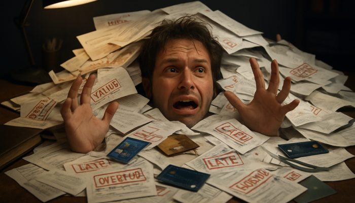 Signs You Have Too Many Separate Debts: Spot Key Indicators | DCL Person overwhelmed by a chaotic pile of overdue bills and loan papers on a cluttered desk