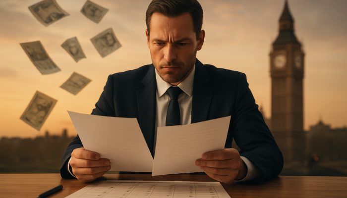 A UK financial expert evaluating a merged debt plan at a desk with a calendar, pound notes, and the silhouette of Big Ben.