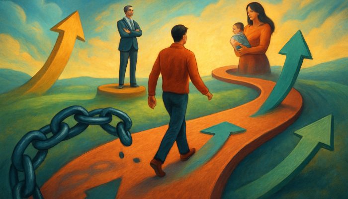 Individual navigating a complex financial roadmap through job promotions and family growth, with debt chains and income arrows.