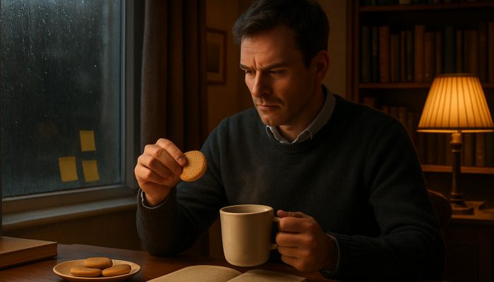 Keeping Motivation by Allowing Small Rewards: UK Tips | DCL British person rewarding task with tea and biscuits in cozy rainy London study
