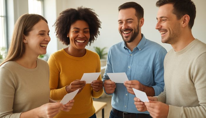 Keeping Motivation by Allowing Small Rewards: UK Tips | DCL British office colleagues laugh while sharing handwritten thank-you notes during low-cost team-building activity.