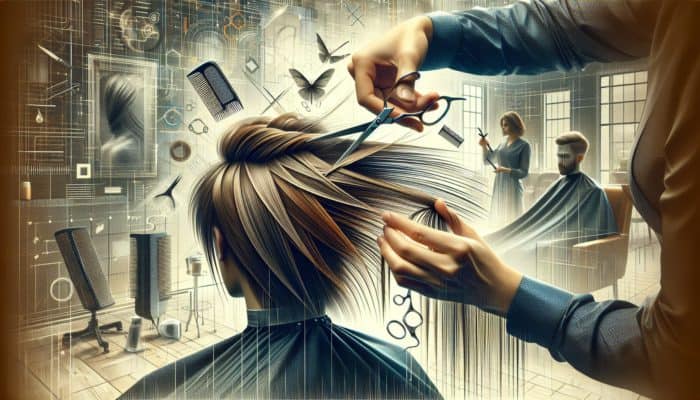 A hairstylist executing point cutting on a model's layered hair in a contemporary salon, enhancing texture and movement.