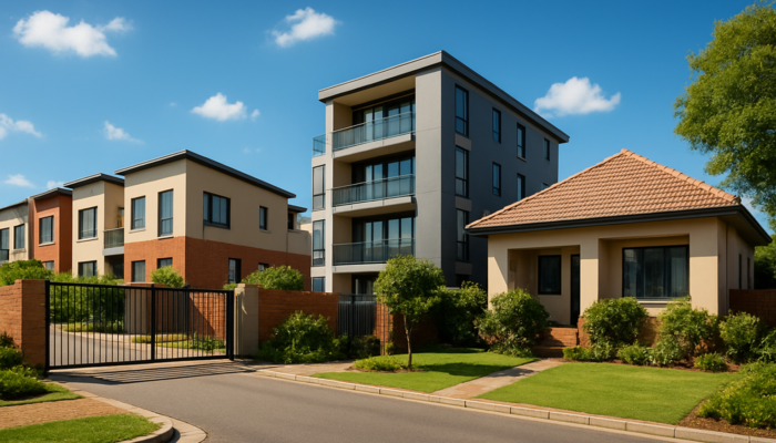 Vibrant South African neighbourhood featuring modern townhouses, urban flats, and duplexes under a sunny sky.
