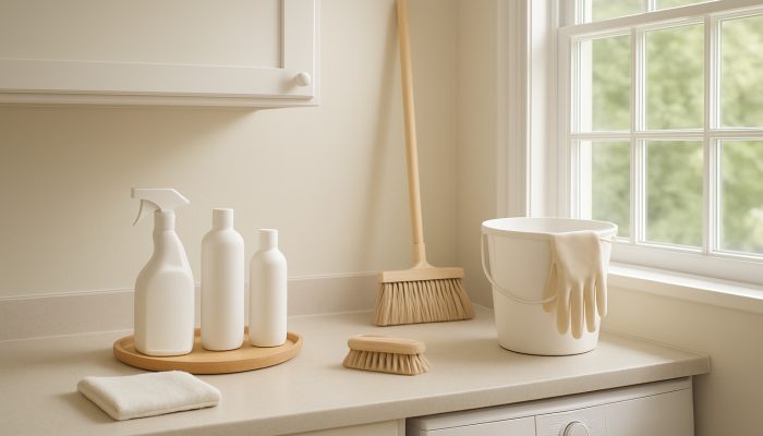 Spotless Yeovil home interior featuring decluttered surfaces and neatly arranged cleaning tools in natural light.