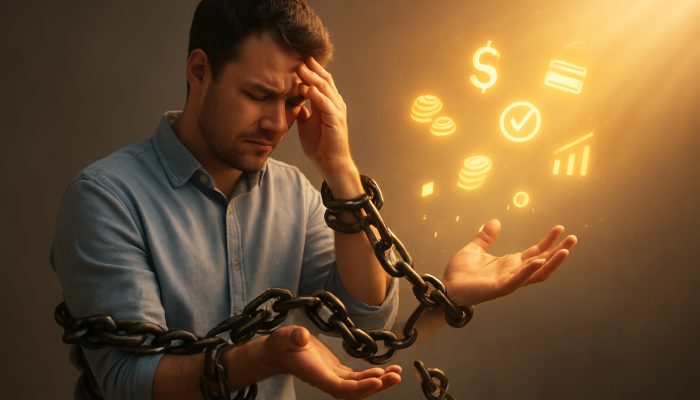 Using Benefits and Grants to Ease Pressure: Helpful Tips | DCL Individual breaking free from debt chains through glowing benefits and grants