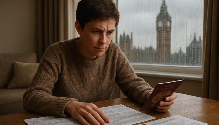 Using Benefits and Grants to Ease Pressure: Helpful Tips | DCL Individual displaying UK passport, visa, and utility bills on a table overlooking Big Ben in a rainy London flat