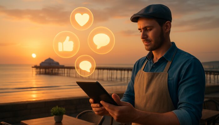 Café owner reviewing impressive social media metrics on a tablet above Weston-super-Mare pier at sunset